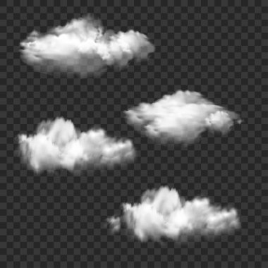 Gerçekçi Beyaz Duman ve Bulut Şekilleri Set. Şeffaf Kaplama. Vektör illüstrasyonu