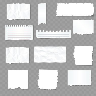 Beyaz Gerçekçi Yırtık Kağıt Notları. Yırtık kenarlı. Vektör illüstrasyonu