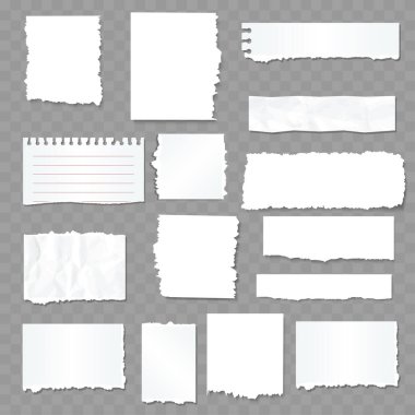 Beyaz Gerçekçi Yırtık Kağıt Notları. Yırtık kenarlı. Vektör illüstrasyonu
