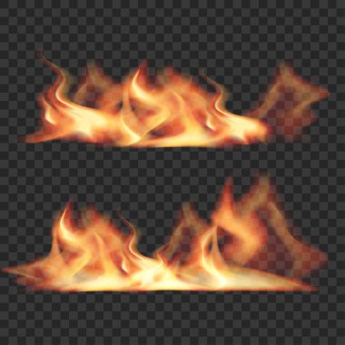 Gerçekçi Ateş Alevleri Ayarlandı. Yanan Kamp Ateşi Efekti. Şeffaf Kaplama. Vektör illüstrasyonu