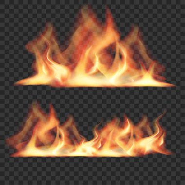 Gerçekçi Ateş Alevleri Ayarlandı. Yanan Kamp Ateşi Efekti. Şeffaf Kaplama. Vektör illüstrasyonu
