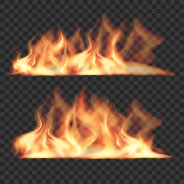 Gerçekçi Ateş Alevleri Ayarlandı. Yanan Kamp Ateşi Efekti. Şeffaf Kaplama. Vektör illüstrasyonu