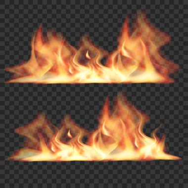 Gerçekçi Ateş Alevleri Ayarlandı. Yanan Kamp Ateşi Efekti. Şeffaf Kaplama. Vektör illüstrasyonu