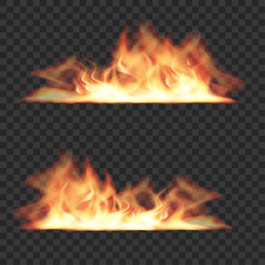 Gerçekçi Ateş Alevleri Ayarlandı. Yanan Kamp Ateşi Efekti. Şeffaf Kaplama. Vektör illüstrasyonu