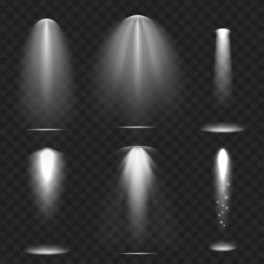 Gerçekçi Spotlight Işın Seti. Sahne Işığı Efekti. Şeffaf. Vektör illüstrasyonu