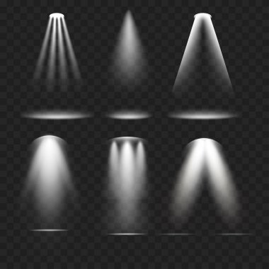 Gerçekçi Spotlight Işın Seti. Sahne Işığı Efekti. Şeffaf. Vektör illüstrasyonu