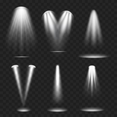 Gerçekçi Spotlight Işın Seti. Sahne Işığı Efekti. Şeffaf. Vektör illüstrasyonu