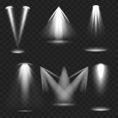 Gerçekçi Spotlight Işın Seti. Sahne Işığı Efekti. Şeffaf. Vektör illüstrasyonu