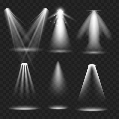 Gerçekçi Spotlight Işın Seti. Sahne Işığı Efekti. Şeffaf. Vektör illüstrasyonu