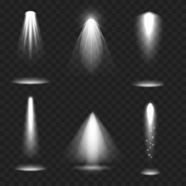 Gerçekçi Spotlight Işın Seti. Sahne Işığı Efekti. Şeffaf. Vektör illüstrasyonu