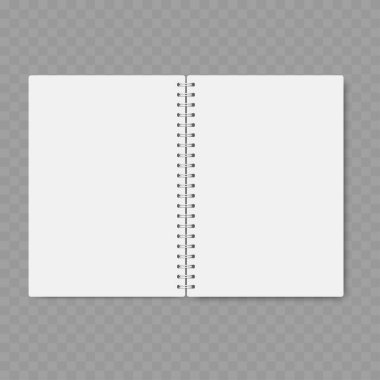 Boş beyaz sayfaları olan gerçekçi, sarmal bir defter. Vektör illüstrasyonu