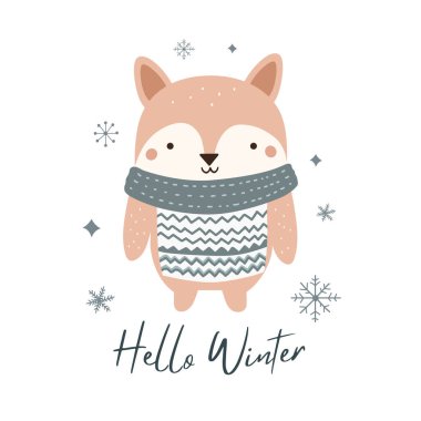 Merhaba kış minimalist kartı ve şirin tilki. İskandinav karalama tarzında bir Noel posteri. Wintry şablonu.