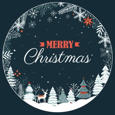 Noel kartı, çerçeveli kar taneleri, ağaçlar. Scandi tarzında kış konsepti. Yeni yıl, Mutlu Noeller posteri