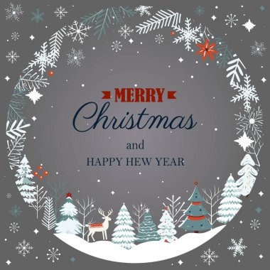 Yeni yıl, Mutlu Noeller şablonu. Noel kartı, çerçeveli kar taneleri, ağaçlar. Scandi tarzında kış konsepti. 