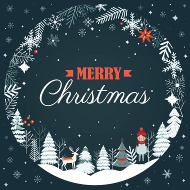 Noel kartı, çerçeveli kar taneleri, ağaçlar. Scandi tarzında kış konsepti. Yeni yıl, Mutlu Noeller posteri