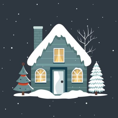 Peri Scandi kışlık evi. Noel İskandinav evi ve karlı ağaçlar. Noel kartı ve şirin bir ev.