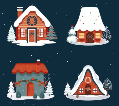 El yapımı evler. Scandi Noel illüstrasyonu, çizgi film tarzında şirin evler.
