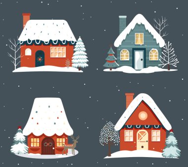 El yapımı evler. Çizgi film tarzında şirin noel evleri. Scandi Noel çizimi. 