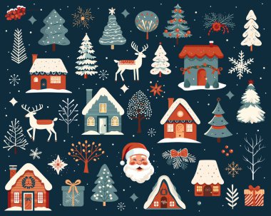 Büyük bir el çizimi Noel elementleri. Scandi Noel illüstrasyonu, şirin evler, ağaçlar, geyikler, Noel Baba.