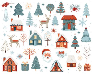 Scandi Noel illüstrasyonu, şirin evler, ağaçlar, geyikler, Noel Baba. Büyük bir el çizimi Noel elementleri. 