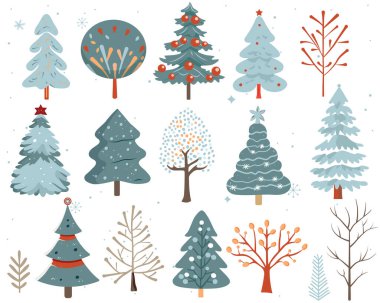 Kış skandal ağaçları. El çizimi Noel ağaçları. Güzel soyut renkli ağaçlar. Moda tarama vektör bitkileri.
