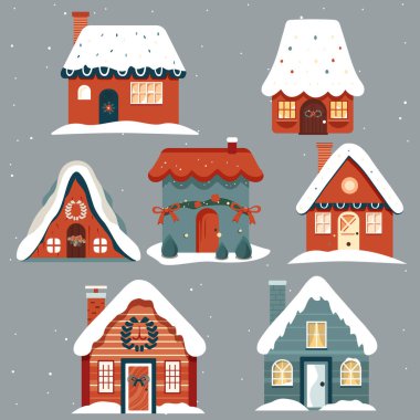Çizgi film tarzında şirin noel evleri. El yapımı evler. Scandi Noel çizimi. 