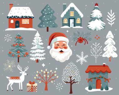 Bir dizi Skandi Noel elementi. El çizimi Noel illüstrasyonu, şirin evler, ağaçlar, geyikler, Noel Baba.