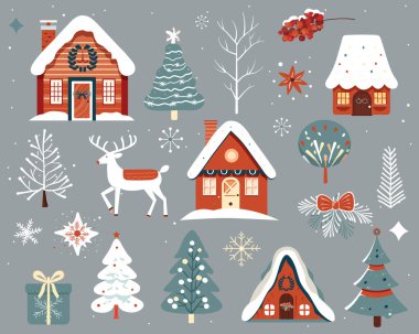 Bir dizi Skandi Noel elementi. El çizimi Noel resimleri, şirin evler, ağaçlar, geyikler, kar taneleri..