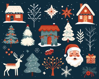 Büyük bir el çizimi Noel elementleri. Scandi Noel illüstrasyonu, şirin evler, ağaçlar, geyikler, Noel Baba.