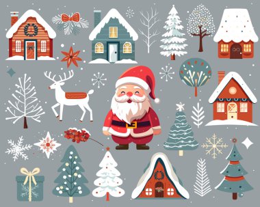 Bir dizi Skandi Noel elementi. Noel Baba Klaus. El çizimi Noel resimleri, şirin evler, ağaçlar, geyikler, kar taneleri..