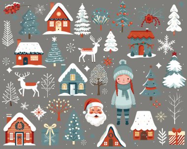 Bir dizi Skandi Noel elementi. El çizimi Noel illüstrasyonu, şirin evler, ağaçlar, geyik, kız, Noel Baba.
