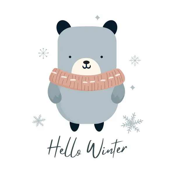 こんにちは かわいいクマの冬のミニマリスティックカード スカンジナビアの落書きスタイルのクリスマスポスター ウィントリーテンプレート — ストックベクタ
