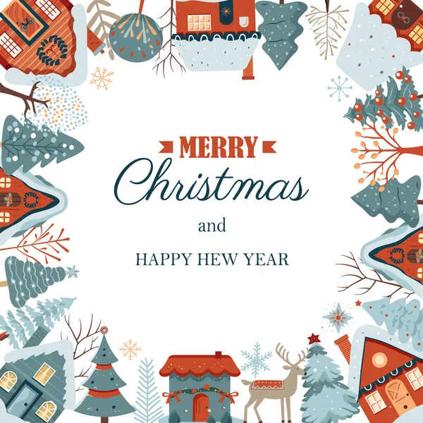 Cartão Inverno Quadrado Moldura Natal Com Texto Casas Escândalo Árvores — Vetor de Stock