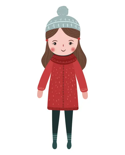 冬の服にかわいい女の子 おとぎ話のスカンジナビアスタイルで手描きの少女 — ストックベクタ