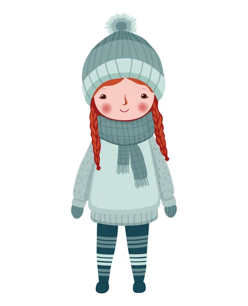 冬の服でかわいいおかしな女の子 おとぎ話のスカンジナビアスタイルで手描きの少女 — ストックベクタ