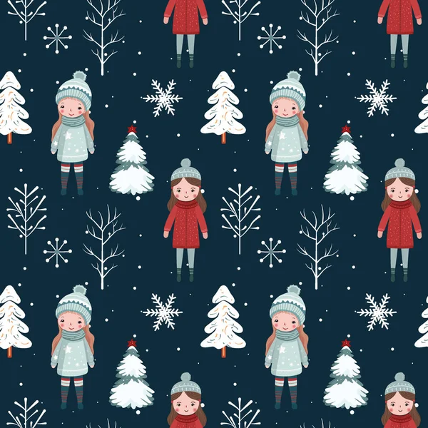Vintersömlöst Mönster Med Flickor Snöiga Träd Julens Vektormönster Vinter Bakgrund — Stock vektor