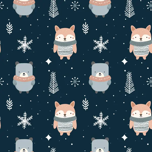 かわいい極性動物と冬のシームレスなパターン スカンジナビアのクリスマスベクターパターン 冬のバックグラウンドデザイン — ストックベクタ