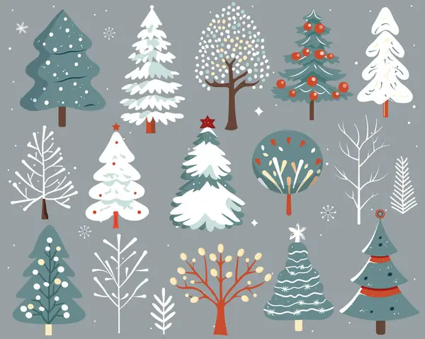 Σετ Χειμερινών Σκανδιναβικών Δέντρων Χειροποίητα Χριστουγεννιάτικα Δέντρα Χαριτωμένα Αφηρημένα Χρωματιστά — Διανυσματικό Αρχείο
