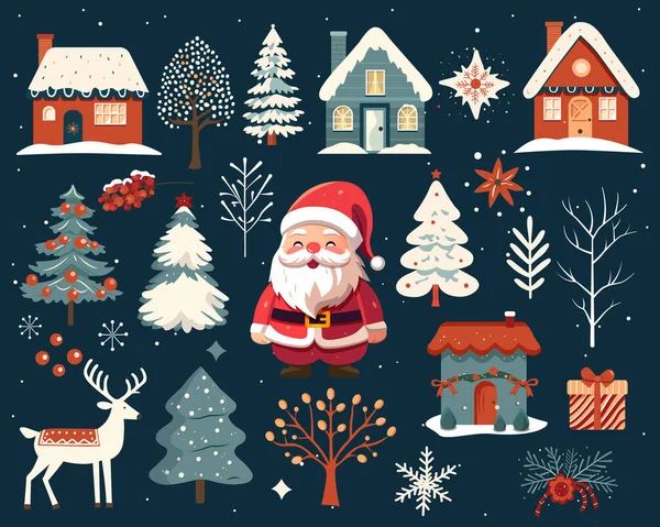 Handgezeichnete Weihnachtselemente Scandi Christmas Illustration Niedliche Häuser Bäume Hirsche Weihnachtsmänner — Stockvektor
