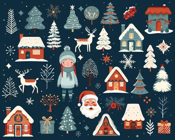 Stort Sæt Håndtegnede Juleelementer Scandi Jul Illustration Søde Huse Træer – Stock-vektor