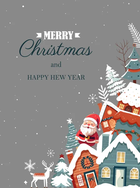 Moldura Natal Cartaz Com Pai Natal Cartão Inverno Com Casas — Vetor de Stock