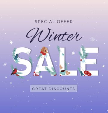 İndirim metniyle birlikte kış indirimi afişi. Tasarım posteri, afiş, davetiye, fiş şablonu. İndirim sezonu teklifi.
