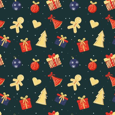 Noel kurabiyelerinin hediyeleriyle kusursuz bir kış deseni. Noel vektör modeli. Kış kartı tasarımı.