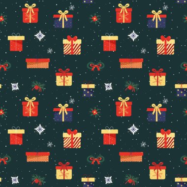 Noel hediyeleriyle kusursuz bir kış düzeni. Noel vektör modeli. Kış kartı tasarımı.