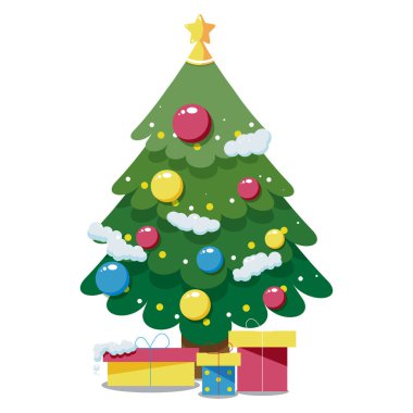 Çocuksu çizgi filmlerdeki gibi vektör noel ağacı. Yılbaşı ağacı, çelenk, ampul, yıldız.... 