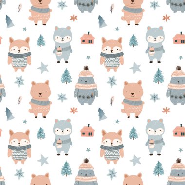 Şirin hayvanlarla kışın pürüzsüz desen. Noel vektör modeli. El çizimi vektör çocuk izi