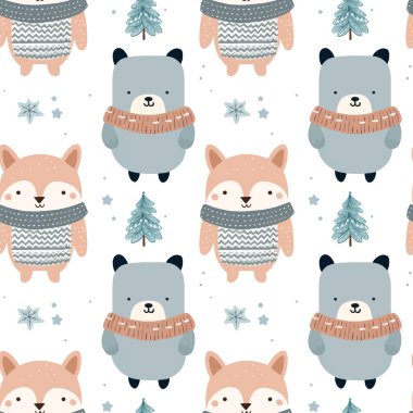 Şirin hayvanlarla kışın pürüzsüz desen. Noel vektör modeli. El çizimi vektör çocuk izi