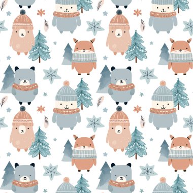 Şirin hayvanlarla kışın pürüzsüz desen. Noel vektör modeli. El çizimi vektör çocuk izi