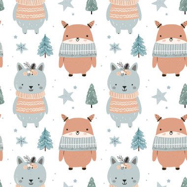 Şirin hayvanlarla kışın pürüzsüz desen. Noel vektör modeli. El çizimi vektör çocuk izi