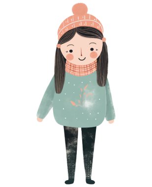 Kış kıyafetleri içinde sevimli komik bir kız. Peri masalı gibi el çizimi kız İskandinav tarzı. 